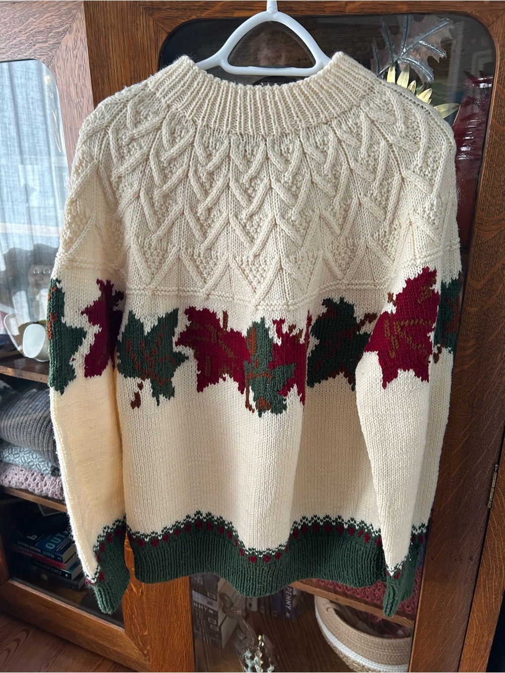 Hand Knit Cream Sweater with Burgundy  & Green Leaves, Relaxed Fit